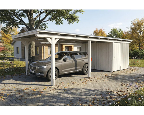Carport en bois avec local de rangement et voiture garée