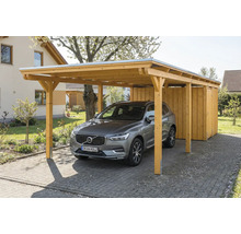 Auto unter einem Carport aus Holz mit Geräteschuppen