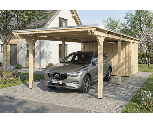 Holz Carport mit Geräteraum und Auto auf einem gepflasterten Weg