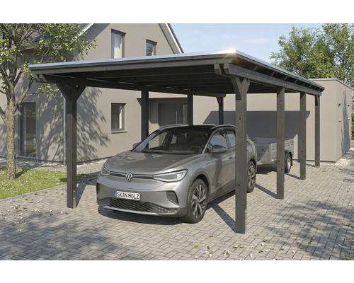 Carport aus Holz mit Auto und Anhänger