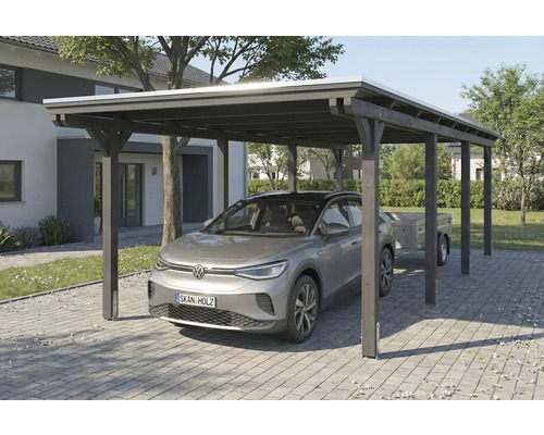 Carport aus Holz mit Auto und Anhänger im Hof.