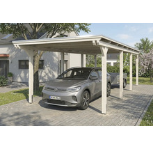 Carport en bois avec voiture et remorque dans l'allée