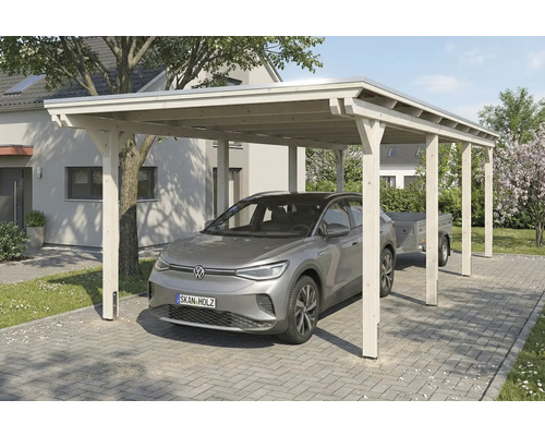 Carport en bois avec voiture et remorque dans l'allée