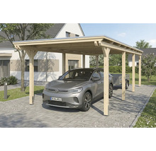 Carport en bois avec voiture et remorque