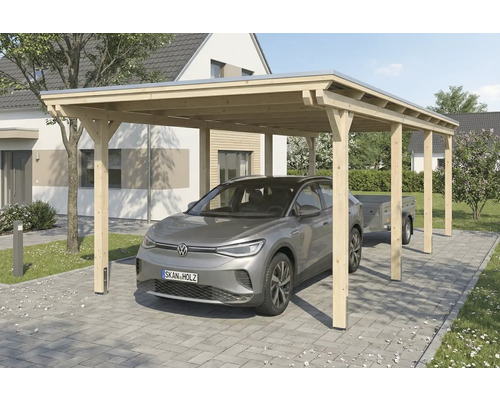 Einzelcarport SKAN HOLZ Emsland inkl. Pfostenanker 340 x 846 cm natur Holz Carport mit PKW und Anhänger