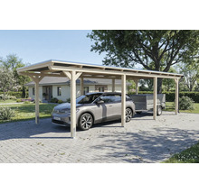 Carport en bois avec voiture et remorque