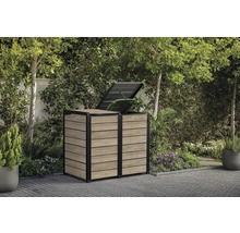 Mülltonnenbox aus Holz mit geöffnetem Deckel im Garten