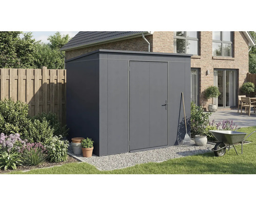 Grauer Metall Geräteschuppen mit Tür im Gartenbereich