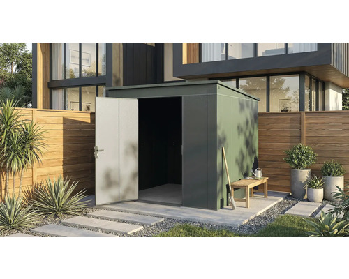 Gartenhaus mit geöffneter Tür in einem modernen Garten