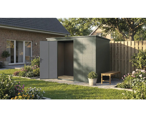 Gartenhaus weka Gary 292 x 147,6 cm grün Gartenszene mit Gerätehaus, teilweise geöffnet