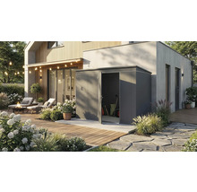 Scène de jardin avec abri de jardin moderne et portes ouvertes