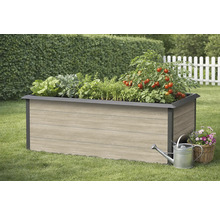 Hochbeet aus Holz mit verschiedenen Gemüsesorten, Giesskanne und Korb mit Blumen im Garten