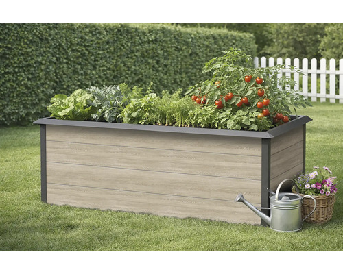 Hochbeet aus Holz mit verschiedenen Gemüsesorten, Giesskanne und Korb mit Blumen im Garten