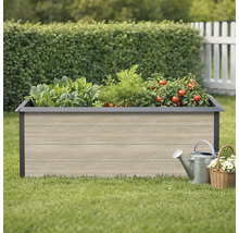 Hochbeet mit Gemüse, Giesskanne und Blumenkorb im Garten