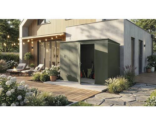 Ein moderner Garten mit einem Gerätehaus, umgeben von Pflanzen und Blumen