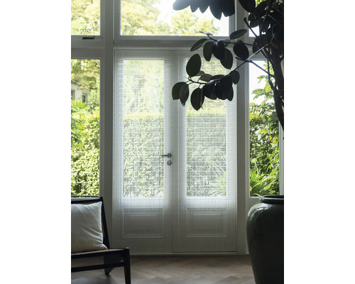 Porte double avec film décoratif et lumière du jour dans une pièce à vivre.