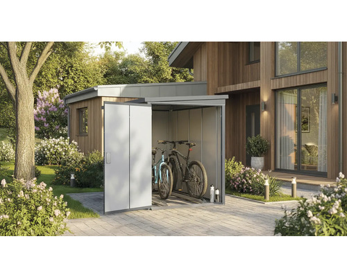 Metall Fahrradgarage mit zwei Fahrrädern im Garten