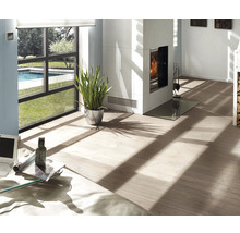 Revêtement de sol clair dans un salon moderne et lumineux avec cheminée blanche, plante d'intérieur et grande fenêtre vue sur piscine.