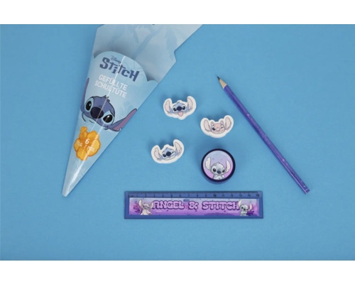 Pochette surprise Disney Stitch de six pièces avec règle, crayon, taille-crayon et trois gommes à l'effigie de Stitch et Angel.