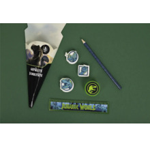 Cornet scolaire garni au design Jurassic World, ensemble de six pièces comprenant une règle, un crayon, des gommes et une boîte.
