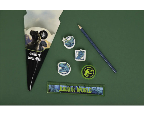 Cornet scolaire garni au design Jurassic World, ensemble de six pièces comprenant une règle, un crayon, des gommes et une boîte.