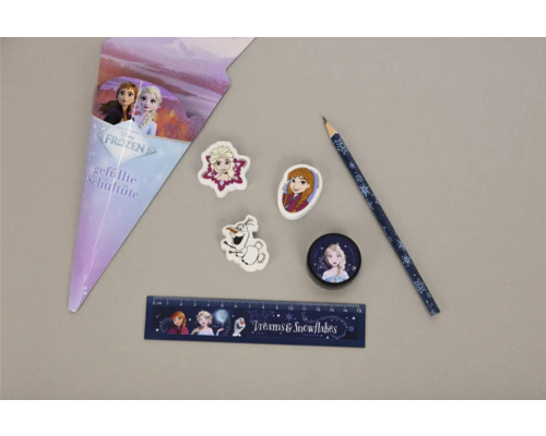 Set de papeterie Disney La Reine des Neiges avec crayon, règle de 15 centimètres, taille-crayon, trois gommes et pochette surprise.