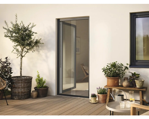 Terrasse avec plantes, porte de terrasse et fenêtre pour l'extérieur