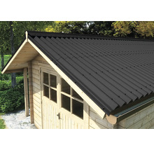 Gros plan d'une cabane de jardin avec des plaques de toit en métal pour une construction de toit solide et durable.