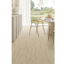 Salon lumineux avec parquet, table à manger et chaises devant une fenêtre donnant sur le jardin.