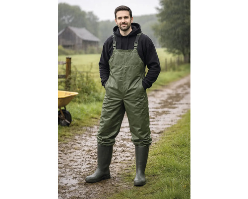 Homme portant une salopette imperméable et des bottes en caoutchouc à l'extérieur