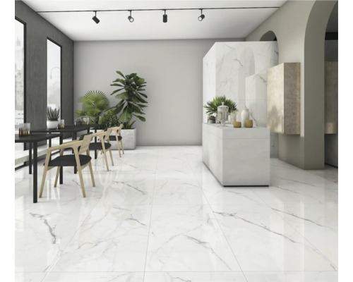 Pièce lumineuse avec sol en marbre, tables, chaises et plantes