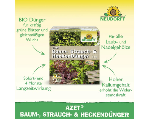 Neudorff Azet Bio-Baum-, Strauch- und Heckendünger, 5 Kilogramm, für Laub- und Nadelgehölze, mit Sofort- und 4 Monate Langzeitwirkung, Neudorff Logo.