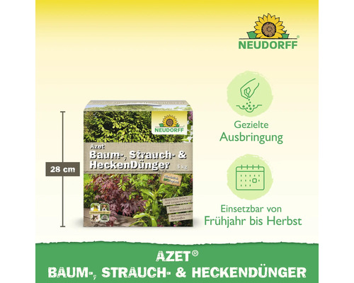 Neudorff Azet Baum-, Strauch- und HeckenDünger, 5 Kilogramm Packung, 28 Zentimeter hoch. Biologischer Dünger für Frühjahr bis Herbst. Neudorff Logo.