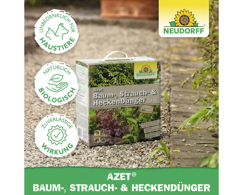 Neudorff Azet Baum-, Strauch- und HeckenDünger, 5 Kilogramm, unbedenklich für Haustiere, biologisch, zuverlässige Wirkung, Neudorff Logo.