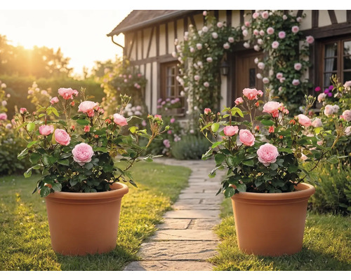 Deux pots en terre cuite avec des rosiers roses sur un chemin de jardin en pierre devant une maison à colombages avec des rosiers grimpants.