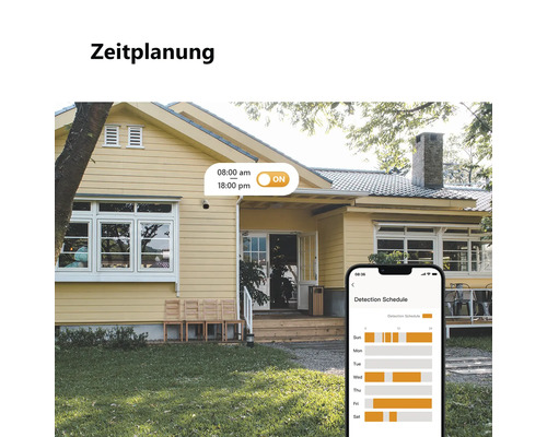 Außenansicht eines Hauses mit Sicherheitskamera und Smartphone-App zur Zeitplanung der Bewegungserkennung.