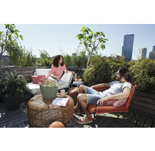 Terrasse de toit relaxante avec mobilier de salon, une table en rotin et des plantes en pot devant une ligne d'horizon urbaine.