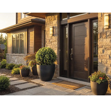 Entrée de maison moderne avec porte en bois sombre, façade en pierre naturelle et grands bacs à fleurs avec boules de buis.