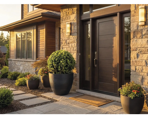Entrée de maison moderne avec porte en bois sombre, façade en pierre naturelle et grands bacs à fleurs avec boules de buis.
