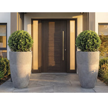 Porte d'entrée moderne aspect bois avec longue poignée métallique, flanquée de deux parois latérales mates et de grands pots de fleurs gris.