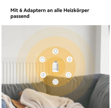 Thermostat de radiateur intelligent incluant six adaptateurs adaptés à différents radiateurs.
