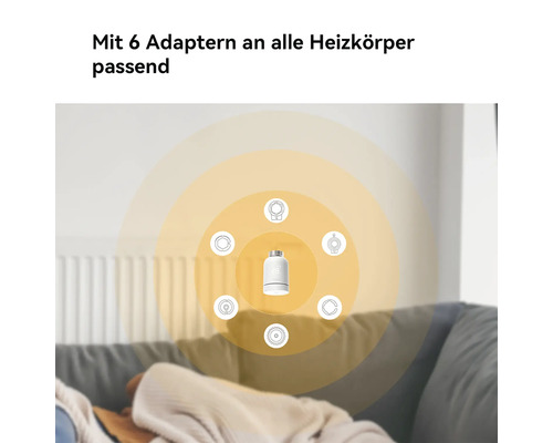 Thermostat de radiateur intelligent incluant six adaptateurs adaptés à différents radiateurs.