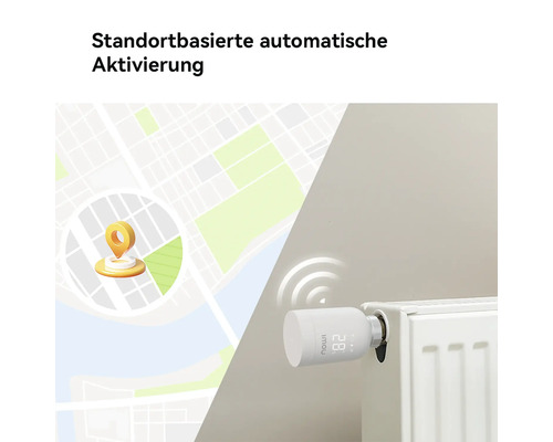 Thermostat de radiateur connecté avec affichage numérique sur un radiateur et carte montrant une activation automatique basée sur la localisation.