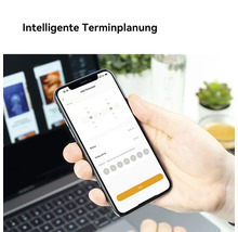 Smartphone affichant une application de planification intelligente pour régler la température du chauffage à 21 degrés Celsius.