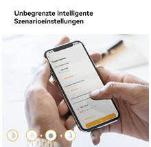 Smartphone affichant une application Smart Home pour créer des scénarios pour thermostat de radiateur, capteur de porte et autres appareils.