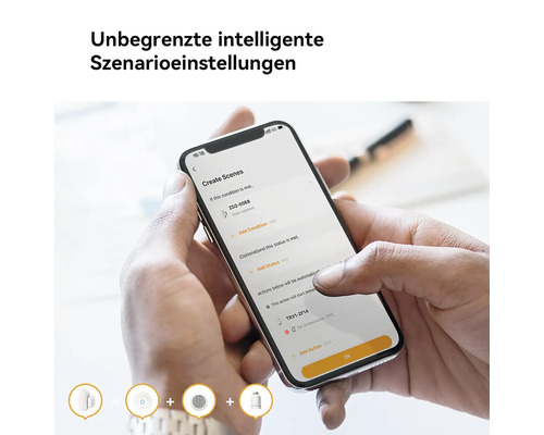 Smartphone affichant une application Smart Home pour créer des scénarios pour thermostat de radiateur, capteur de porte et autres appareils.