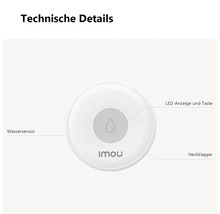 Schéma des détails techniques d'un capteur d'eau Imou avec capteur d'eau, indicateur LED, bouton et capot arrière. Imou Logo.