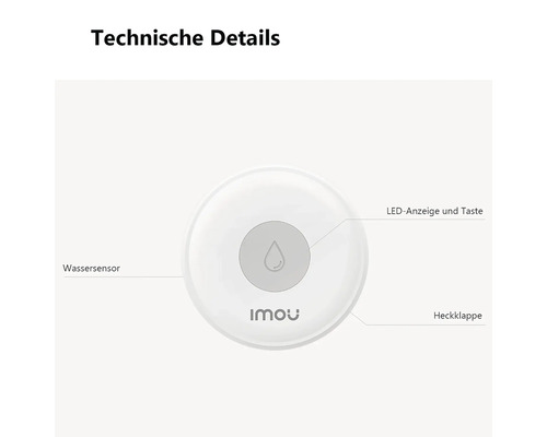 Schéma des détails techniques d'un capteur d'eau Imou avec capteur d'eau, indicateur LED, bouton et capot arrière. Imou Logo.