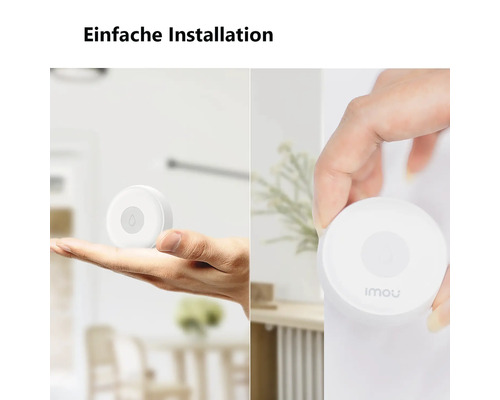 Installation facile d'un capteur d'eau blanc et rond Imou sur un mur.