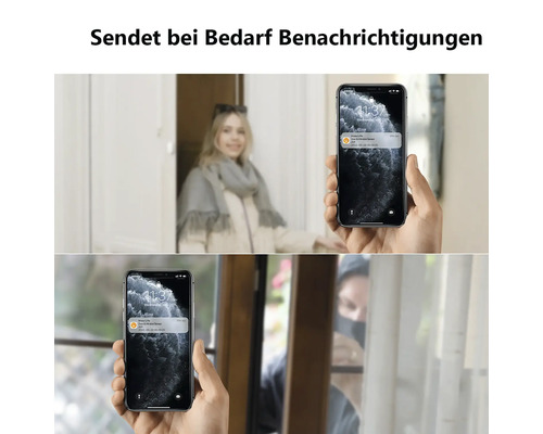 Hand hält ein Smartphone mit Benachrichtigungen eines Tür- und Fenstersensors zur Überwachung von Eingängen im Haus.